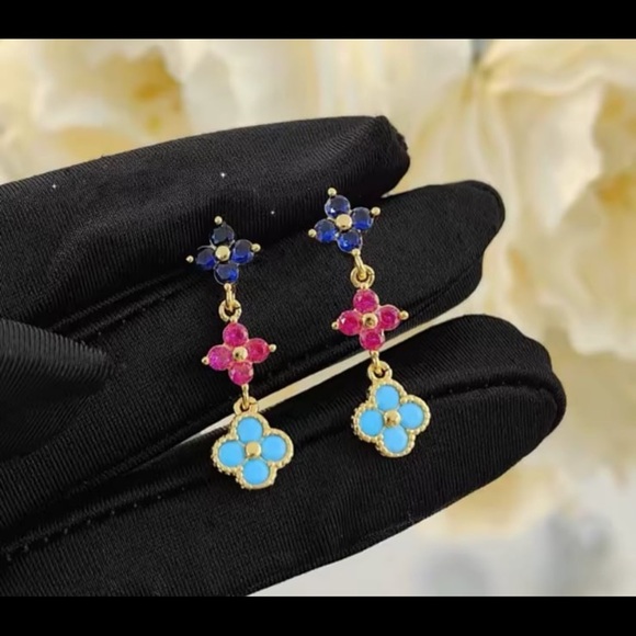 14kt gold plated clover multicolor ruby turquoise sapphire crystal earrings#338 - Picture 6 of 12
